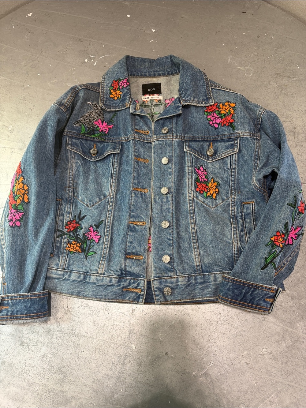 BDG Blue Denim Jacket with Pink & Orange Floral Embroidery
